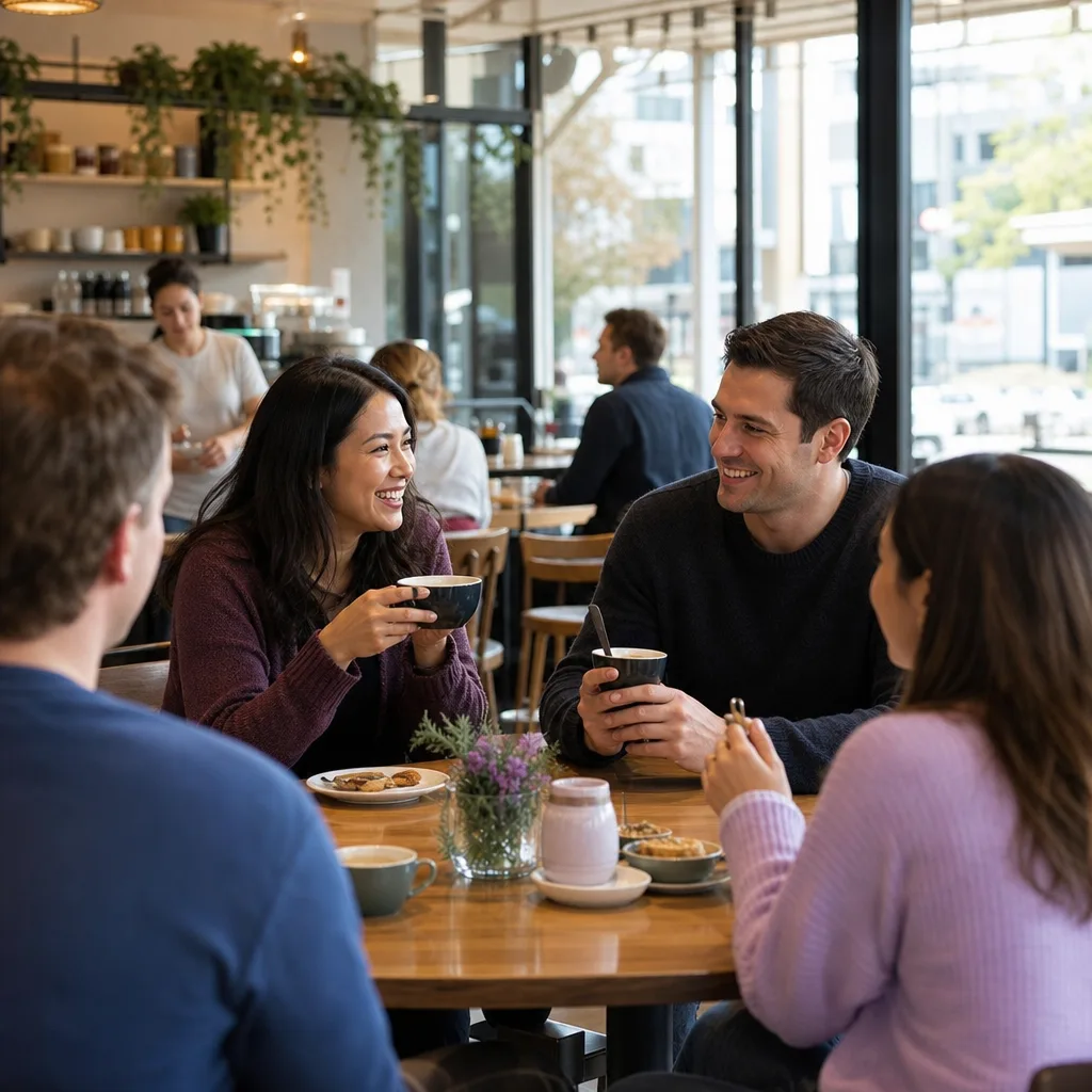 Two adults meeting at a cafe in Canberra’s city centre