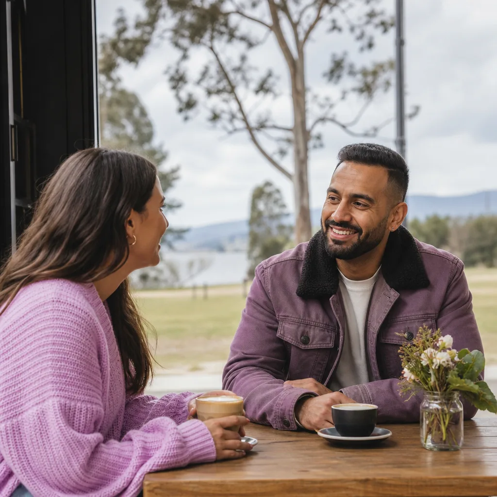 Two adults talking at a staffed public venue near Lake Burley Griffin